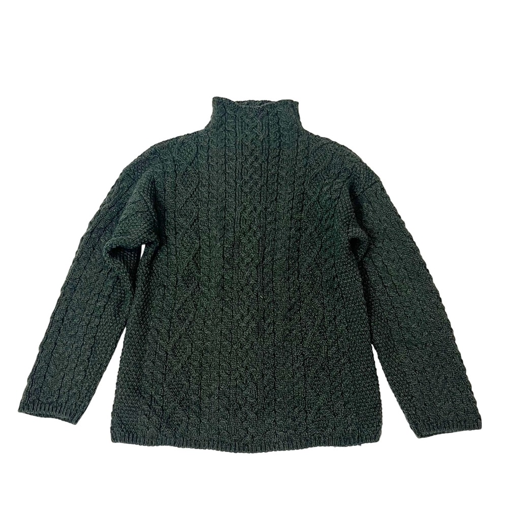 Blarney Woollen Mills Green Merino Wool Aran Fisherman Sweater Mock Neck SMALL